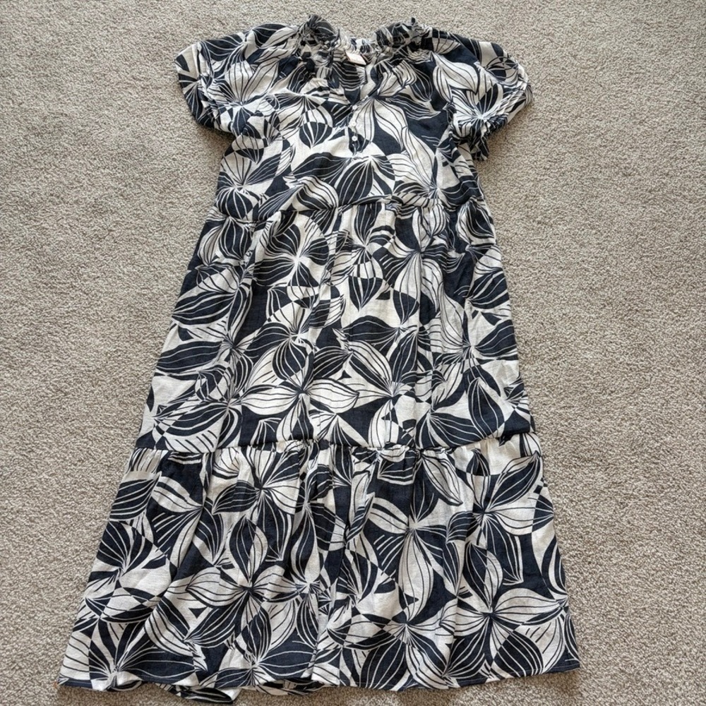 Sharagano Floral Midi Dress Womens M Petite Blue White Tropical Resortwear Beach